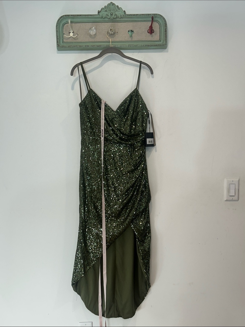 Mac Duggal Olive Green Sequin High-Low Slip Dress new with tags size 8 women’s